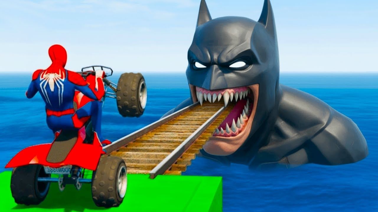 Самый крутой мотоцикл Человека-паука над акулами-Забавные моменты трюков супергероев на мотоциклах?? смотреть онлайн