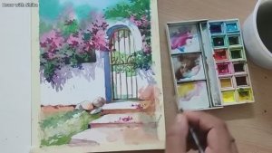 Мастер-класс по рисованию акварелью нежного акварельного сюжета: цветущее дерево и калитка