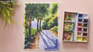 Мастер-класс по рисованию акварелью  лесной дорогой и деревьями