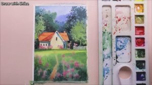 Мастер-класс по рисованию акварелью пейзажа с полем цветов и домом — простое исполнение.