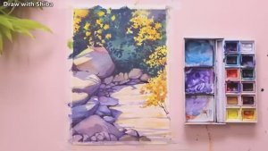 Мастер-класс по рисованию акварелью красивую композицию из цветов, листьев и камней