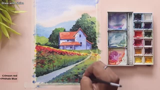 Мастер-класс по рисованию акварелью дома с садом — для начинающих смотреть онлайн