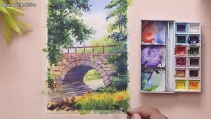 Мастер-класс по рисованию акварелью моста над ручьём и листвы