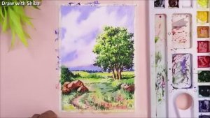 Мастер-класс по рисованию акварелью пейзаж, изображающий дерево на фоне скалистого ландшафта