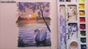 Мастер-класс по рисованию акварелью лебедя на фоне заката у озера — простое исполнение