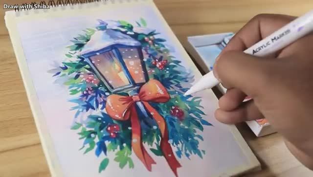 Новогодняя открытка акварелью. Рисуем фонарь со свечой смотреть онлайн