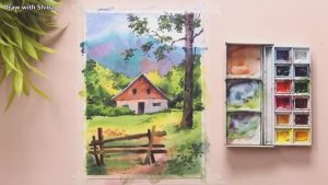 Мастер-класс по рисованию акварелью пейзаж с деревенским домом