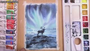 Мастер-класс по рисованию акварелью олень на фоне ночного неба