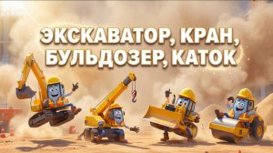 Строительный Транспорт для Детей | Экскаватор, Кран, Бульдозер, Каток | Развивающий Мультфильм