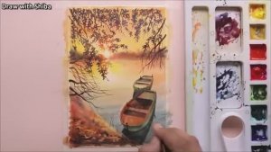 Мастер-класс по рисованию акварелью листья в закатном пейзаже у реки. Просто