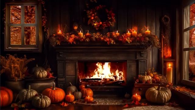 ОСЕННЯЯ УЮТНАЯ АТМОСФЕРА У КАМИНА - ФЕРМЕРСКИЙ ДОМ С ТЫКВАМИ -ОПАДАЮЩИЕ ЛИСТЬЯ