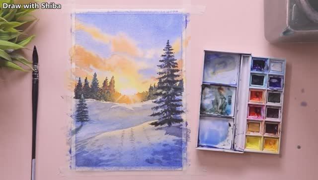 Мастер-класс по рисованию акварелью зимнего пейзажа на фоне заката смотреть онлайн