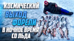 Космический выход форели в ночное время со льда.