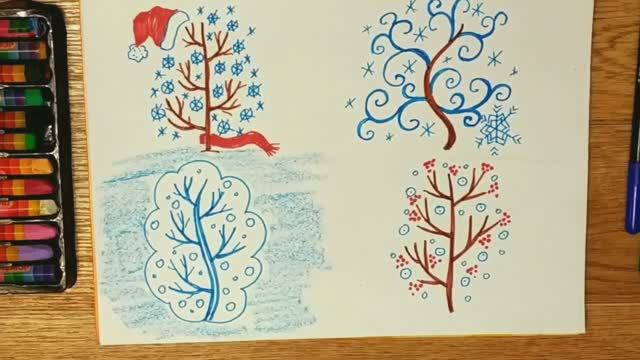 Как нарисовать сказочное зимнее дерево карандашами для детей 4 варианта