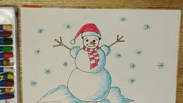 Как нарисовать новогоднего снеговика карандашами для детей