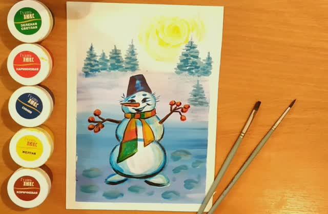 Как нарисовать снеговика гуашью