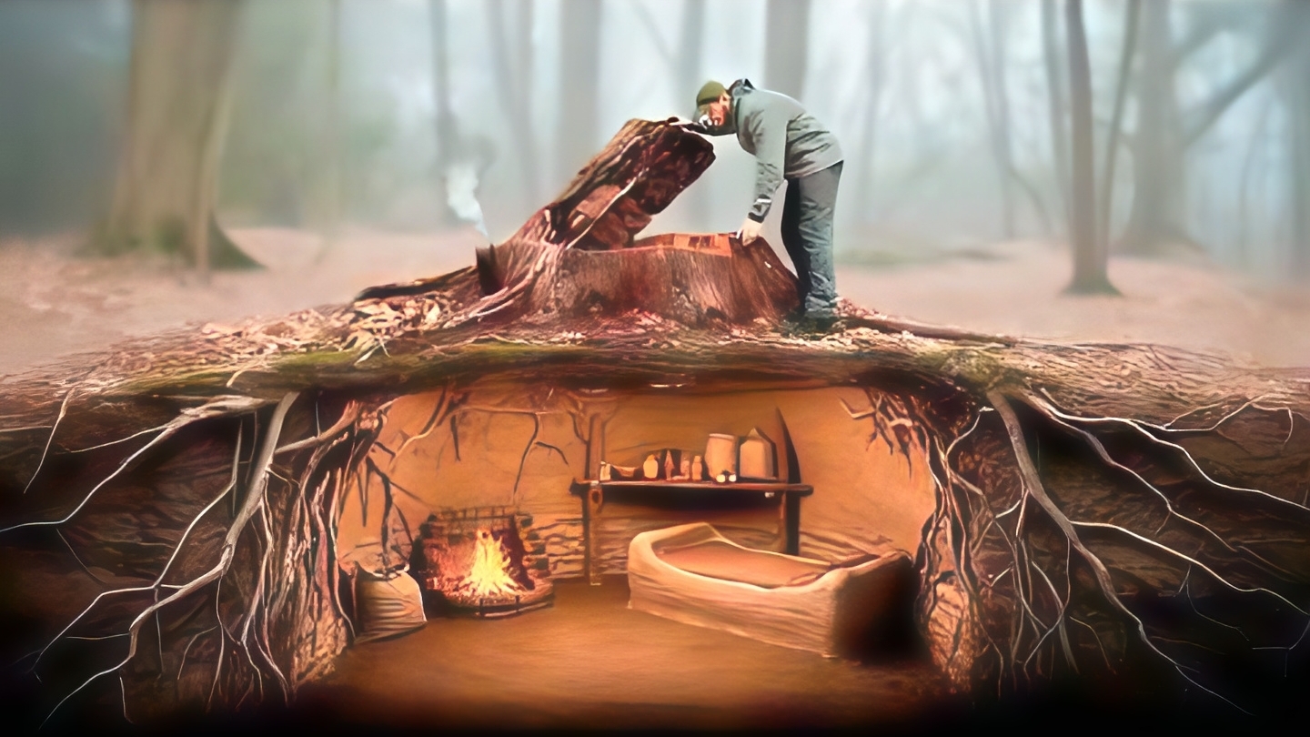 Строю потайную землянку под пнем. Строю теплое убежище. Бушкрафт смотреть онлайн