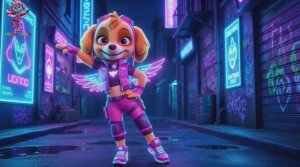 Щенячий патруль, Скай, Маршал, Эверест, Гончик, Крепыш и Роки танцуют в техно кибер образе.