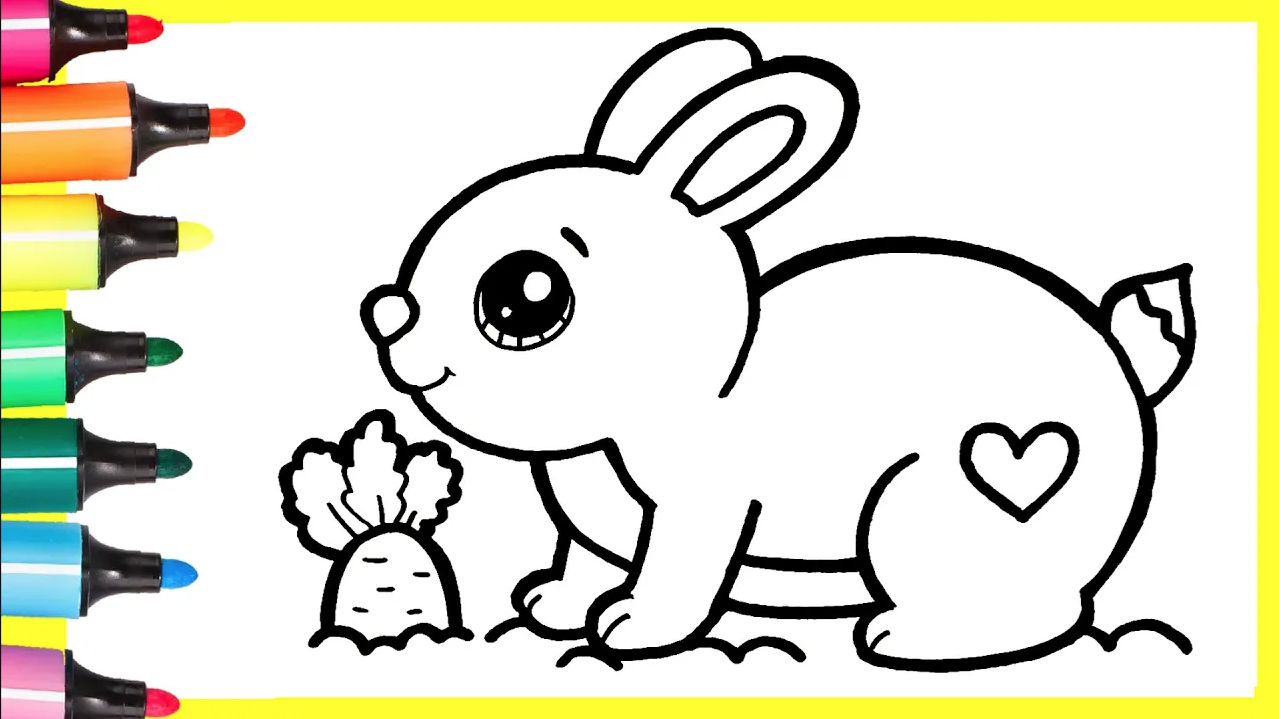 Мультик - раскраска для детей ЗАЙЧИК!. Простой рисунок кролика с морковкой для детей. смотреть онлайн