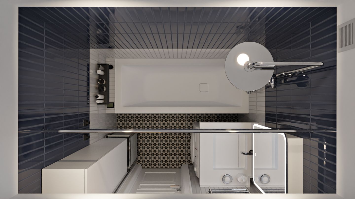 Концепция санузлов с использованием синей и белой вертикальной плитки.