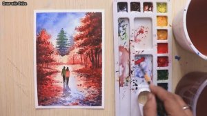 Акварельный рисунок осеннего пейзажа с парой, идущей рука об руку. Простой пошаговый урок рисования