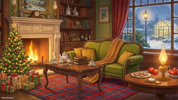 Its a cold winter night with vintage oldies playing in another room cozy christmas ambience
