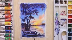 Акварельная живопись для начинающих: пейзаж с деревьями и лодкой, пошаговый МК