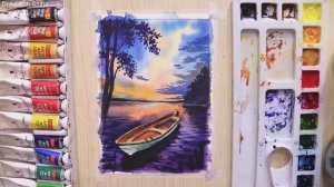 Пошаговое руководство по рисованию акварелью пейзажа на закате и лодки с деревьями.