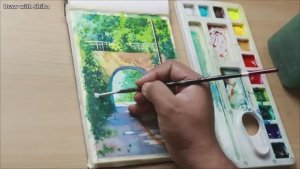 Мастер-класс по рисованию акварелью дороги, моста в окружении деревьев, поэтапно для начинающих