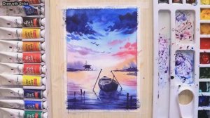 Мастер-класс пошаговый по рисованию акварелью закатных облаков и морского пейзажа с лодкой