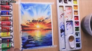 Мастер-класс по рисованию акварелью закатного пейзажа с облаками поэтапно