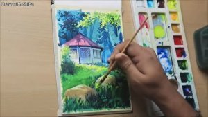 Рисуем акварелью лесного домика и деревьев в стиле фильмов студии Ghibli