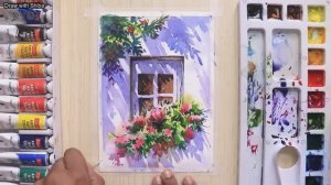 Акварельная живопись для начинающих: красивое цветущее дерево и простое окно Простой пошаговый урок