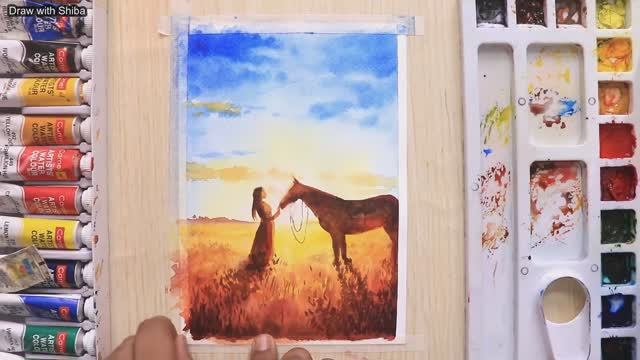 Мастер-класс для начинающих по рисованию акварелью заката с девушкой, стоящей рядом с лошадью.