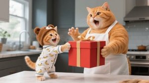 Маме кошке грустно, что ее любимое платье не подходит. Рыжий котенок тайком шьет ей новое