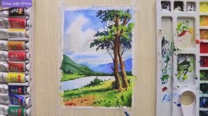 Акварельная живопись для начинающих: горный пейзаж и деревья, шаг за шагом.