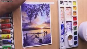 Мастер-класс по рисованию акварелью закатного вечернего пейзажа на берегу реки