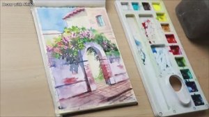 Мастер-класс по рисованию акварелью цветущего дерева у ворот, поэтапно для начинающих