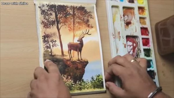 Рисуем акварелью оленя в лесу (легко)