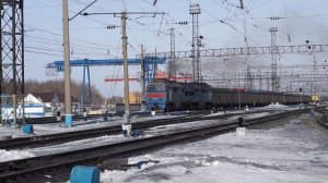 Тепловоз 2ТЭ116У-0025 с контейнерным поездом в полувагонах.