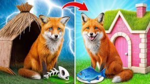 Построили домик для лисенка. Теперь он счастлив.