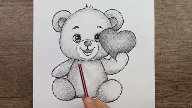 Как нарисовать милого плюшевого Мишку карандашом с сердцем, пошаговая инструкция смотреть онлайн