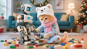 Рыжий котенок строит робота для уборки снега, мама-кошка награждает его неожиданным подарком