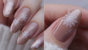 Атмосферный маникюр со снежинками, сияющий нюд маникюр (обычный лак)