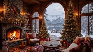 Новогодний джаз, рождественские мелодии,  уютная гостиная с видом на горы, снег