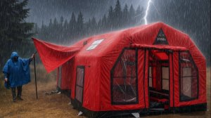 Кемпинг в грозу в новой надувной палатке.