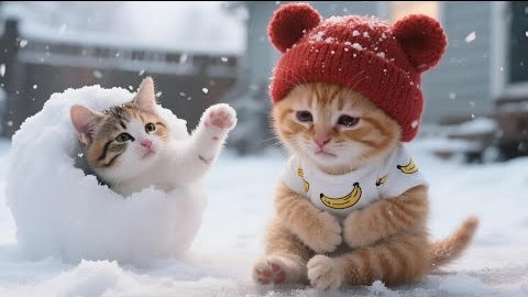 Бродячий котенок, застигнутый снежной бурей после того, как улизнул из дома, ищет младшего брата