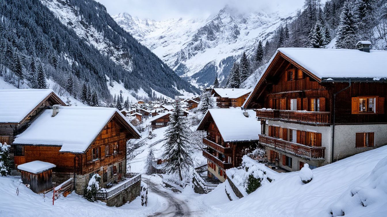 Сильный снегопад в горной деревне Мюррен, Швейцария 4K — настоящая сказочная деревня смотреть онлайн