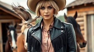 Сгенерированное видео. Женщина, птица, лошади. В видео песня.