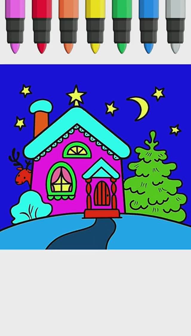 Зимний домик Деда Мороза Рисунок и Раскраска. смотреть онлайн